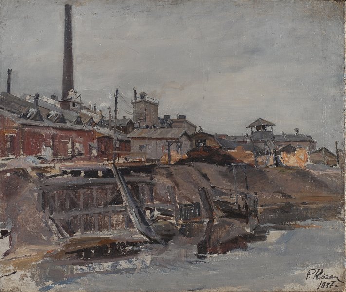 Factory beside brook 1947 oil on canvas 65x76